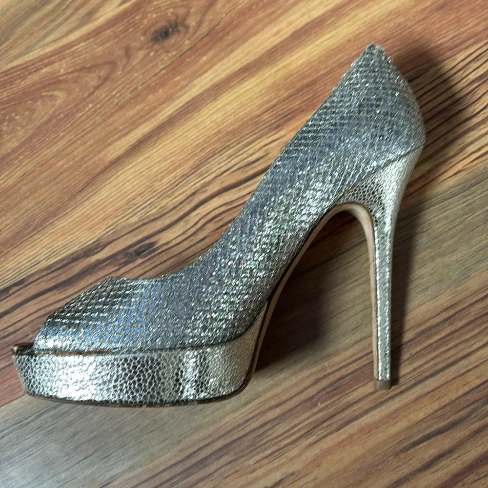 Jimmy Choo Peep Toe Luna Platform Pumps Heels Glitter Fabric Champagne 38/ 7.5 - Picture 10 of 14
